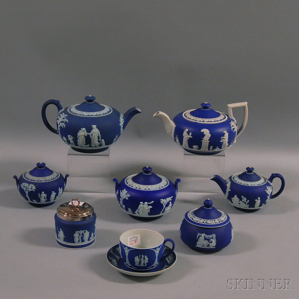 Appraisal: Eight Dark Blue Wedgwood Jasper Dip Teaware Items two large