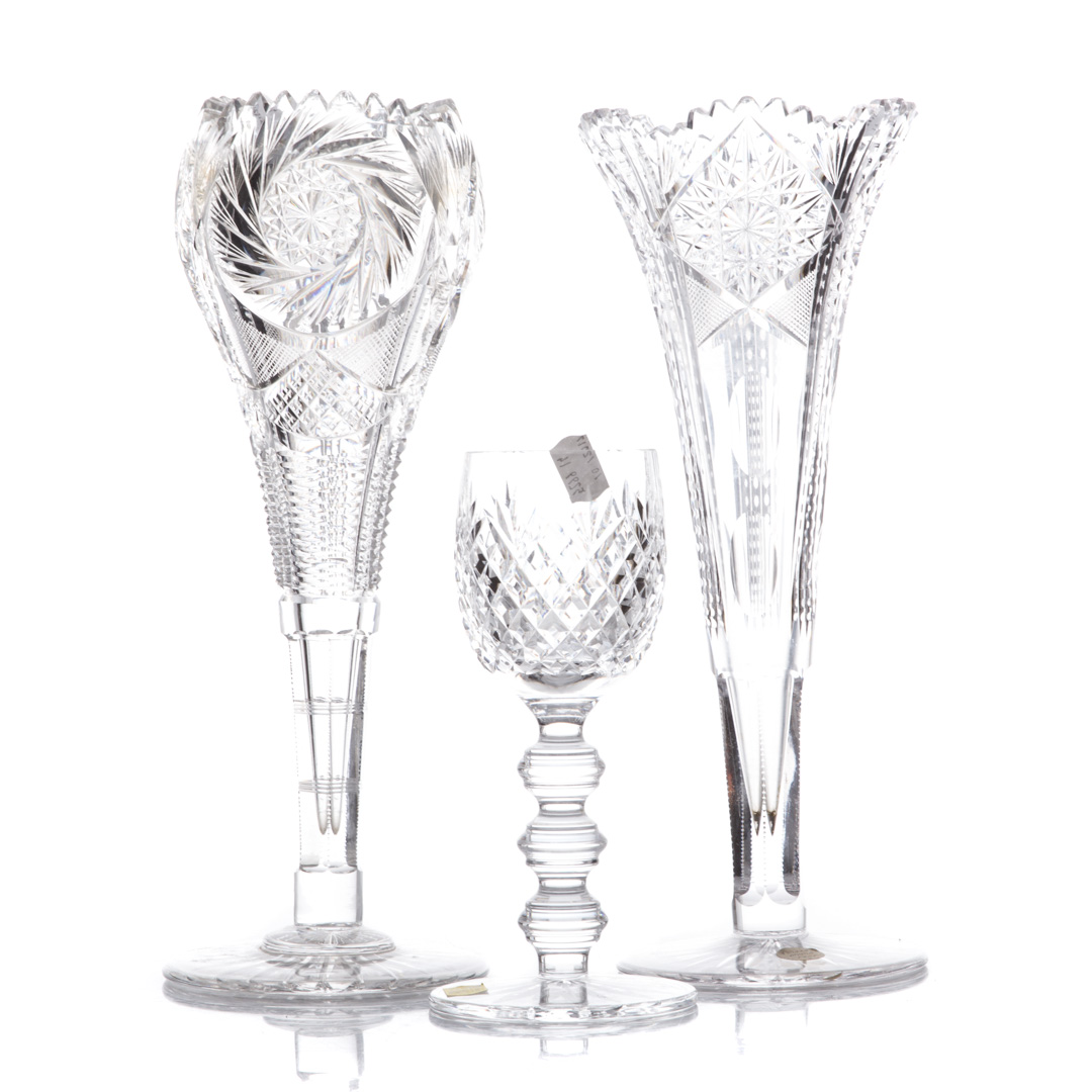 Appraisal: Two cut glass vases and a stem cup in H