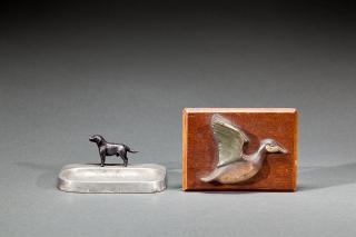 Appraisal: Dog Ashtray and Wood Plaque A by in carved flying