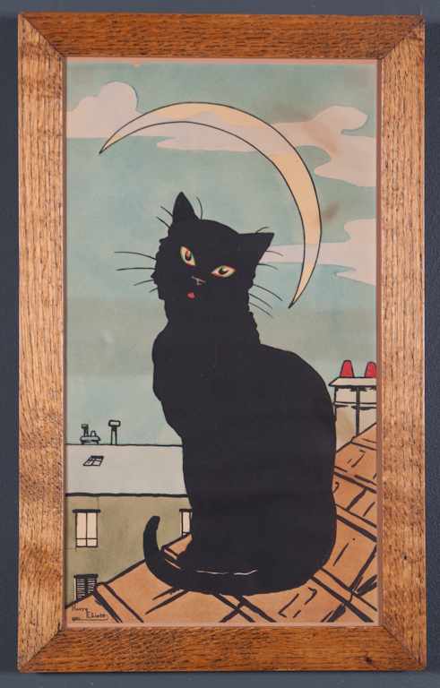 Appraisal: Harry Eliott - Black Cat on a Roof Top color