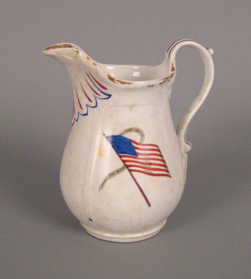 Appraisal: Patriotic white ironstone pitcher th c decorated with the American