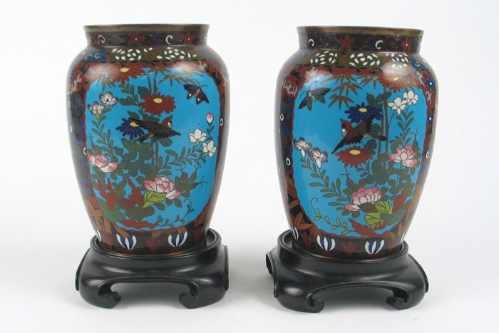 Appraisal: FINE PAIR JAPANESE CLOISONNE ENAMEL VASES Each having opposing cartouches