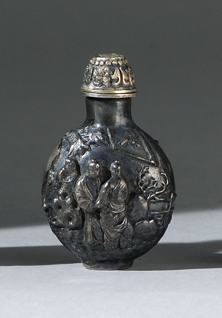 Appraisal: MINIATURE SILVER SNUFF BOTTLE In ovoid form with figural and