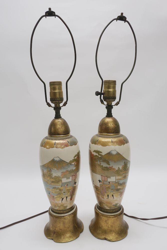 Appraisal: Pair of Japanese Satsuma Lamps Pair of Japanese Satsuma Vases