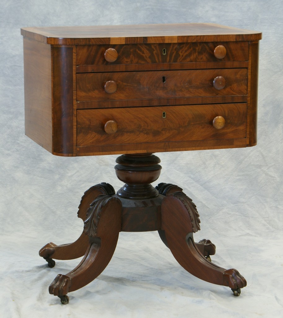 Appraisal: Banded and carved mahogany American Federal drawer work table acanthus