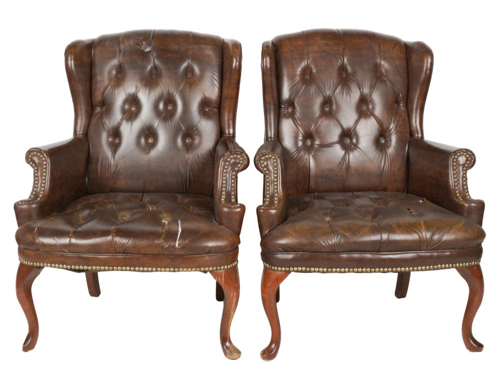 Appraisal: PAIR OF GEORGIAN-STYLE WING CHAIRSmanufacturer unknown covered with brown faux