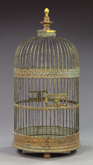 Appraisal: Large Gilded Cast-Iron and Wire Birdcage of cylindrical domed form