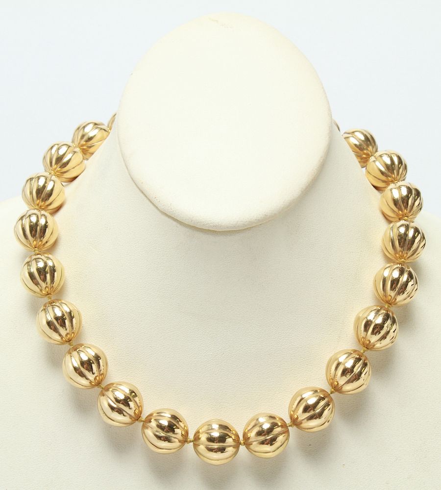 Appraisal: K Yellow Gold Large Melon-Form Beads Necklace K yellow gold