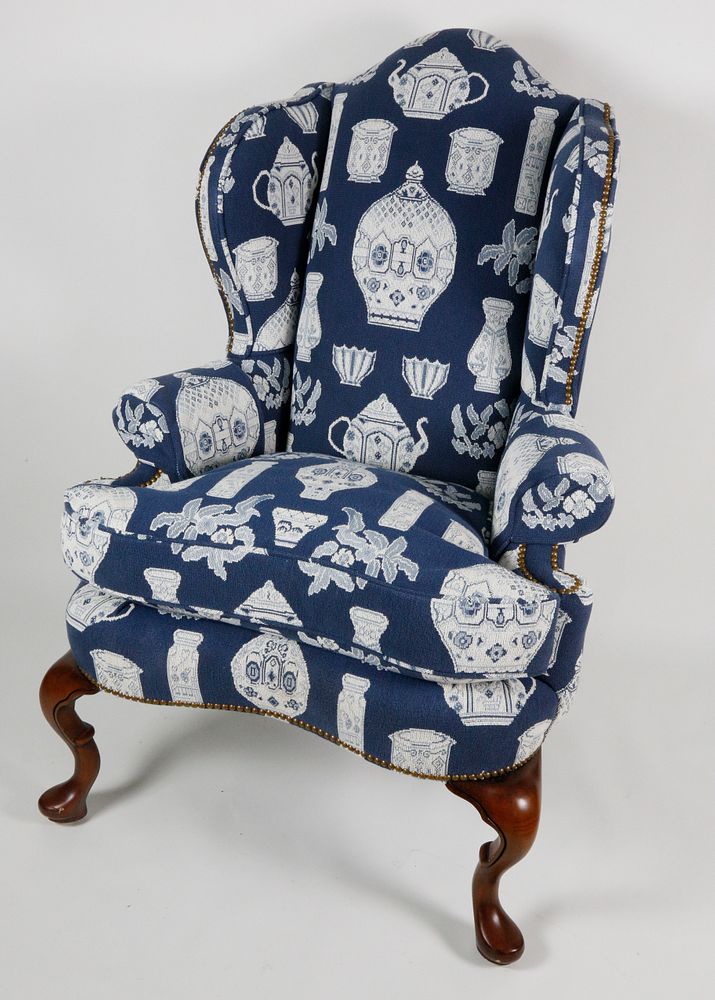 Appraisal: Blue and White Porcelain Pattern Upholstered Wing Chair Blue and