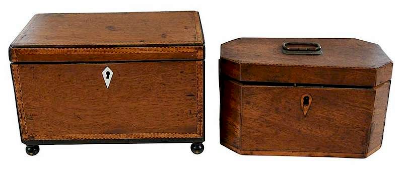 Appraisal: Two Mahogany Inlaid Tea Caddies British th century rectangular with