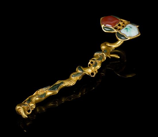 Appraisal: Sale Lot A Gilt Bronze Hardstone Inset Ruyi Scepter the