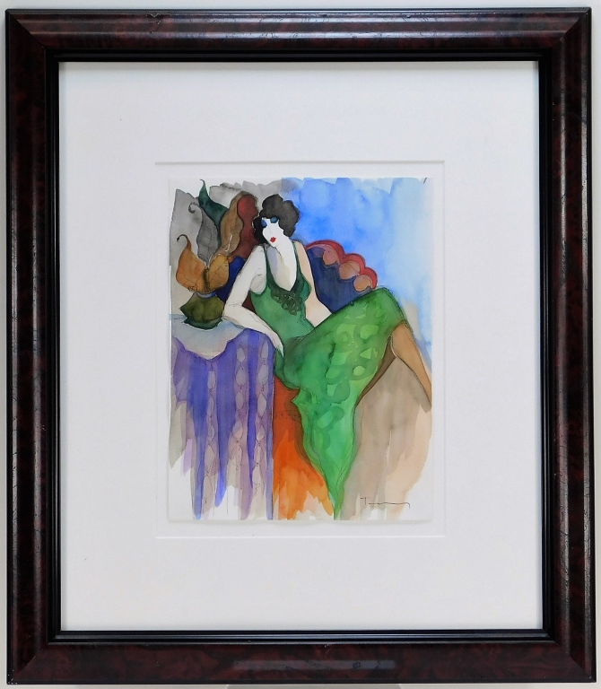 Appraisal: ITZCHAK TARKAY WOMAN IN GREEN WATERCOLOR PAINTING Serbia Israel -