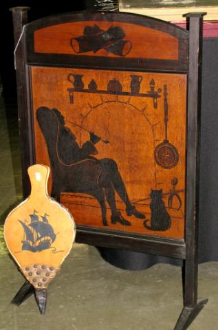 Appraisal: Small wooden firescreen with interior fireplace scene depiction tall x