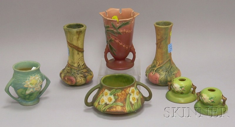 Appraisal: Seven Art Pottery Items Roseville Pottery Water Lily vase a