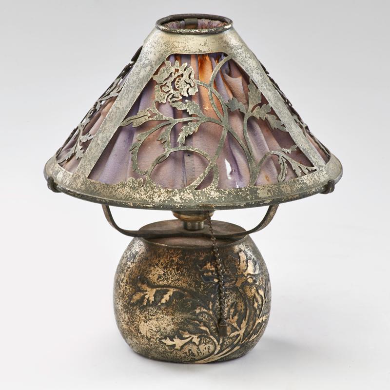 Appraisal: HEINTZ Sterling-on-Bronze boudoir lamp in poppy pattern with silk-backed shade