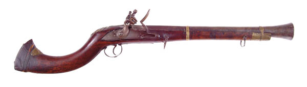 Appraisal: MID-EASTERN MODIFIED FLINTLOCK BLUNDERBUSS Cal big Unusual Damascus blunderbuss with