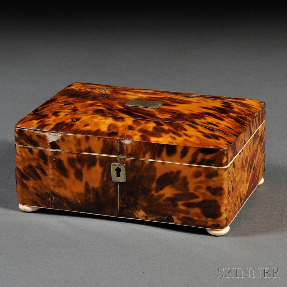 Appraisal: Tortoiseshell Veneer Sewing Box England late th century rectangular box