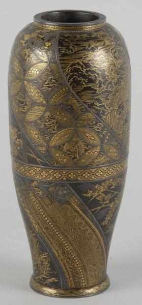 Appraisal: Early Magnificent Japanese Vase Description Metal with intricate brass inlay