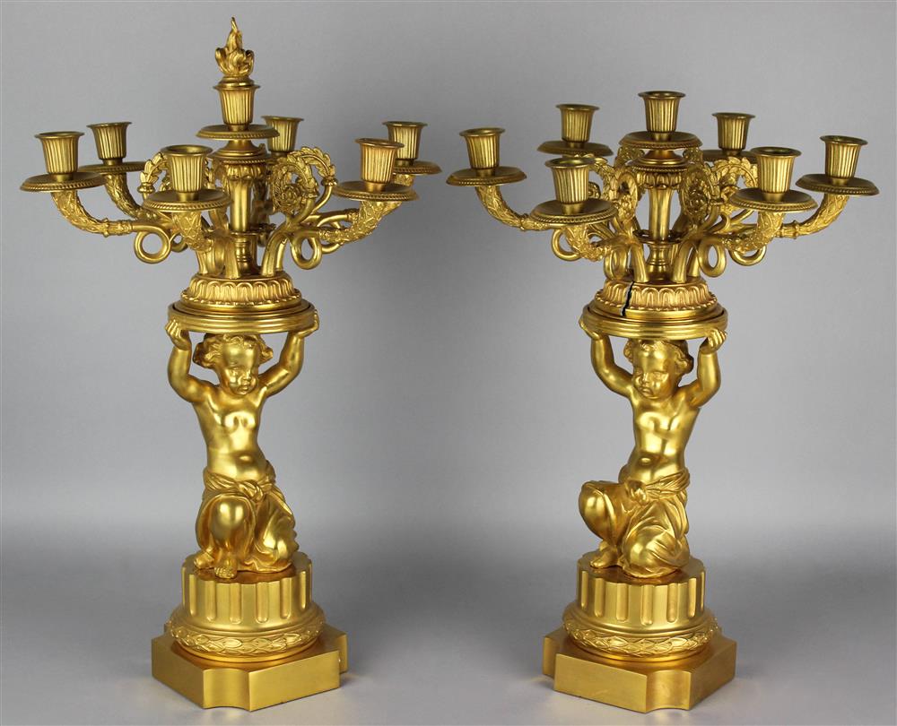 Appraisal: PAIR OF LOUIS XVI STYLE GILT METAL SEVEN LIGHT FIGURAL