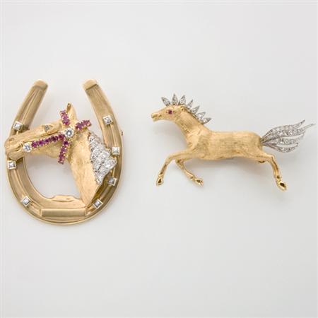 Appraisal: Pair of Gold and Diamond Horse Brooches Estimate -