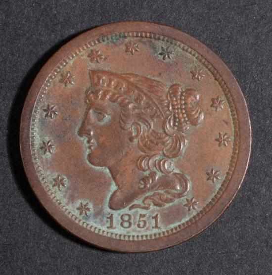 Appraisal: Two United States coronet type copper half cents AU- and