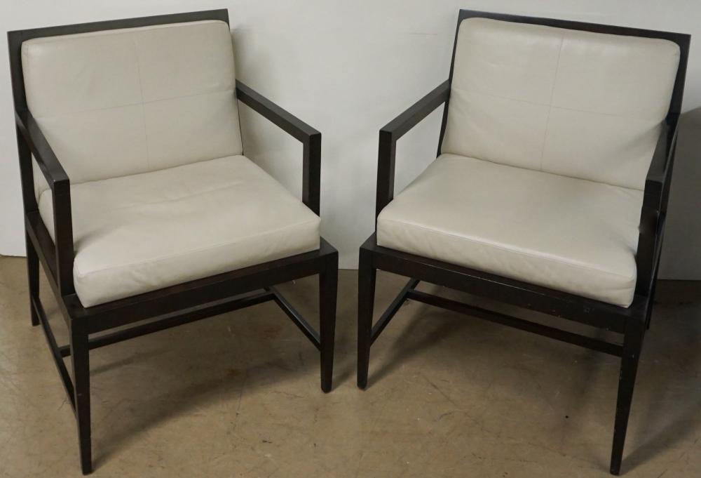 Appraisal: Pair Mahogany Beige Leather Upholstered Modernist Armchairs