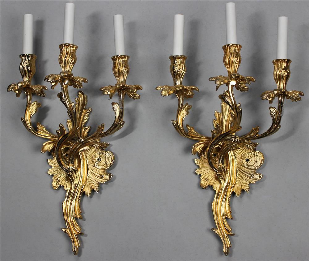 Appraisal: PAIR OF LOUIS XV STYLE GILT BRONZE WALL SCONCES each