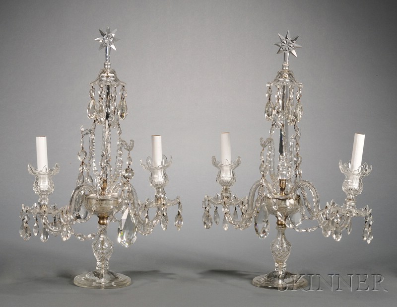 Appraisal: Pair of English Colorless Glass Four-light Mantel Lusters mid th