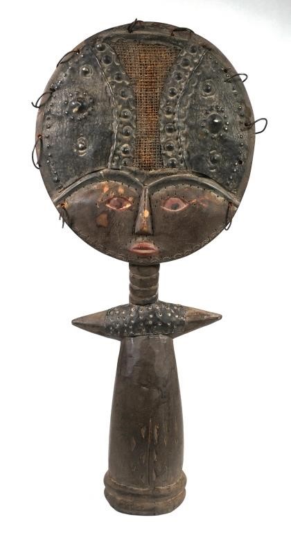 Appraisal: Carved wooden sculpture with round head Ashanti fertility figure adorned