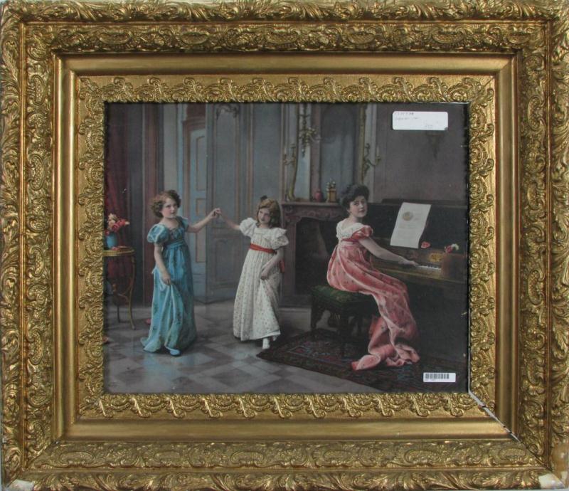 Appraisal: Victorian color lithograph ornately framed depicting mother playing piano with