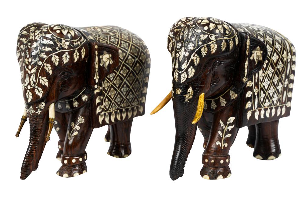 Appraisal: PAIR OF CARVED INLAID WOOD INDIAN ELEPHANTSeach inches wide inches