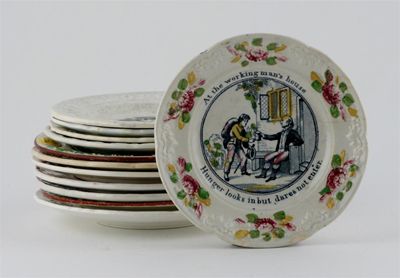 Appraisal: Twelve pearlware children's plates with moulded borders decorated with scenes