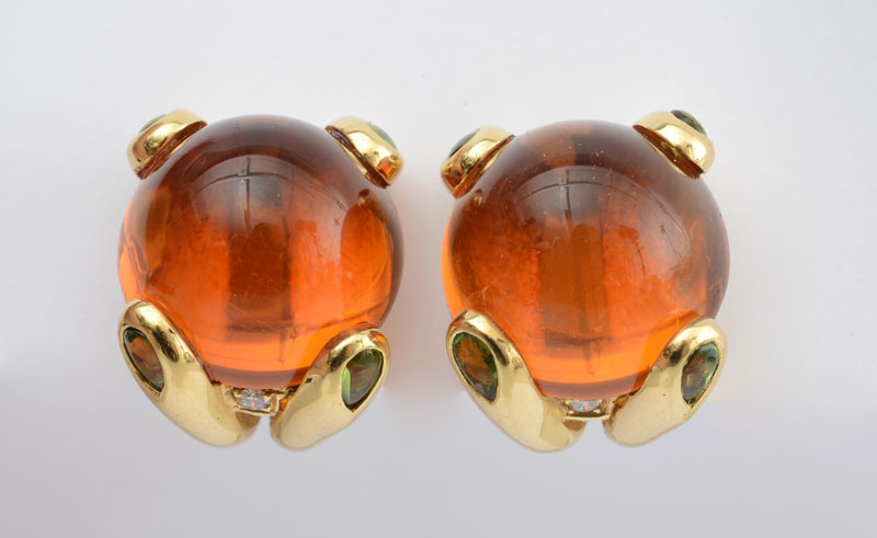 Appraisal: PAIR OF K YELLOW GOLD CITRINE TOURMALINE AND DIAMOND EARCLIPS