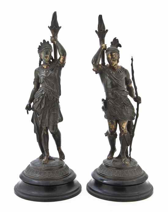 Appraisal: A Pair of Bronze Figures depicting male and female Native