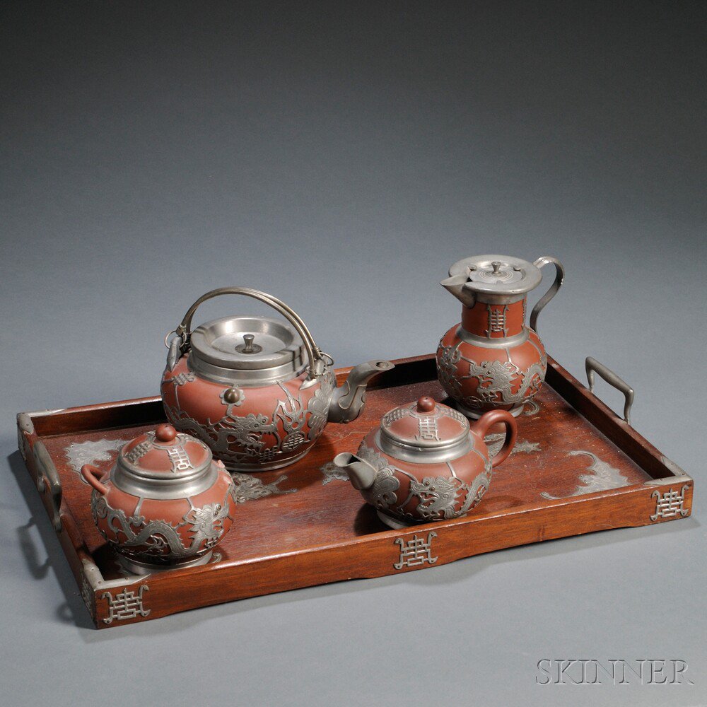 Appraisal: Four-piece Pewter-mounted Clay Tea Set with Wood Tray China comprising