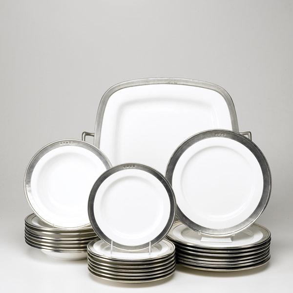 Appraisal: PEWTER RIMMED DINNER SET Twenty-five pieces including eight soup bowls