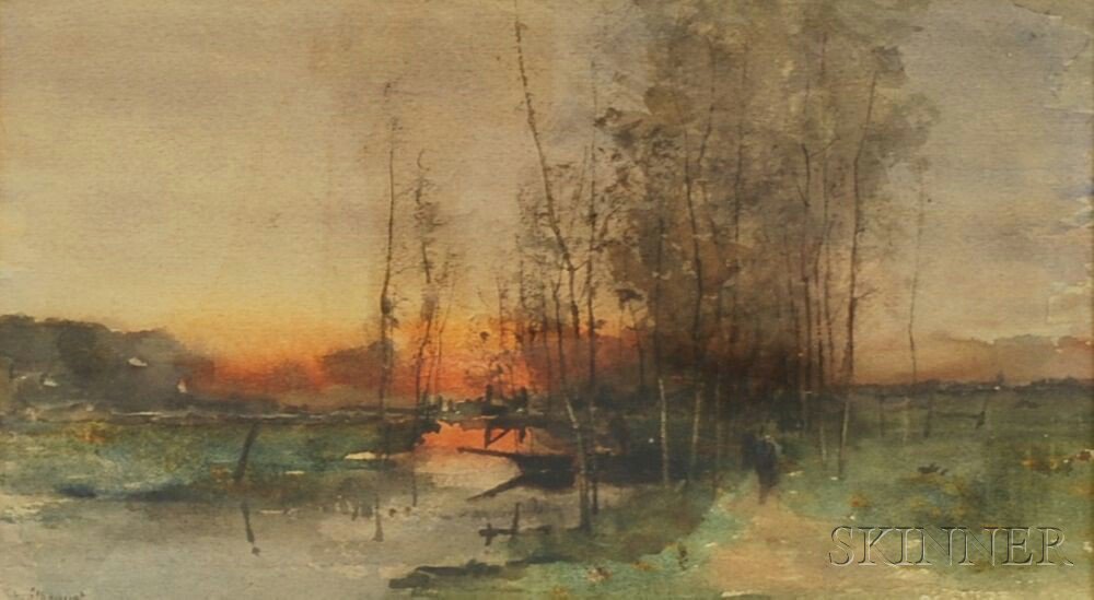 Appraisal: Henri Stacquet Belgian - Sunset Landscape Signed l l Watercolor