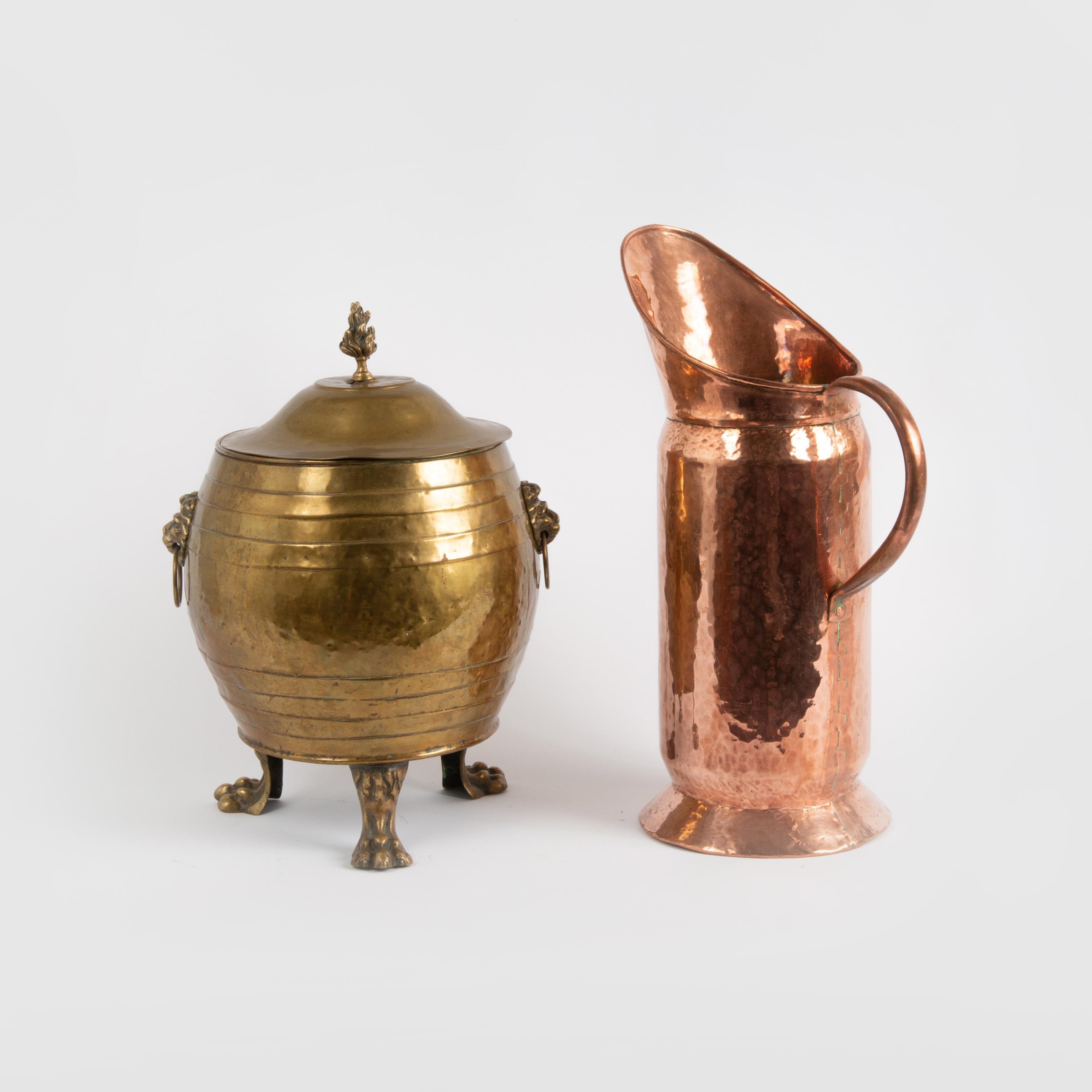 Appraisal: BRASS FOOTED COAL HOD AND HAMMERED COPPER SCUTTLE A large