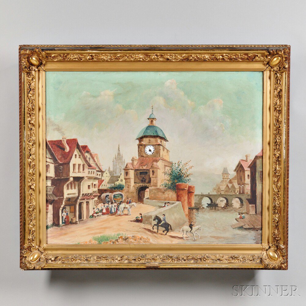 Appraisal: Continental Gilt-framed Picture Clock c oil on canvas village scene