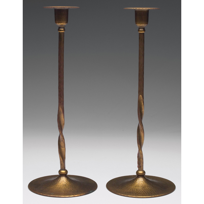 Appraisal: Roycroft candlesticks pair attribution hammered copper original patina unmarked w