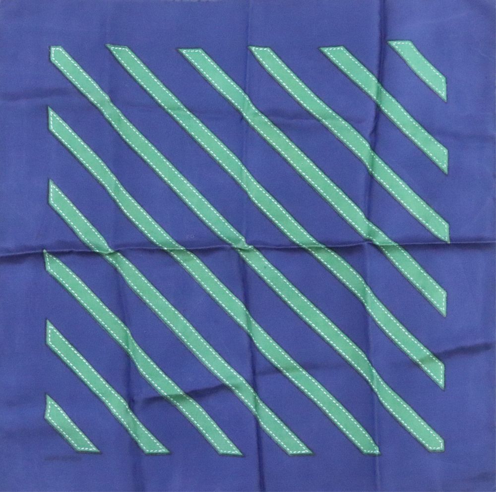 Appraisal: Hermes Silk Pocketsquare - Green Stripes Navy blue silk pocket