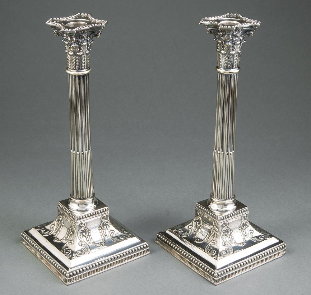 Appraisal: Pair of English Silverplate Corinthian Columnar Table Candlesticks removable bob