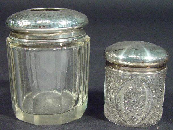 Appraisal: Cut glass pot with silver lid and a similar cylindrical