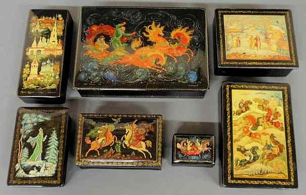 Appraisal: Seven Russian lacquered boxes the lids with colorful decoration largest