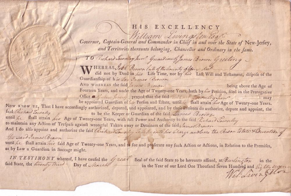 Appraisal: LIVINGSTON WILLIAM Partly-printed Document Signed Wil Livingston as governor of