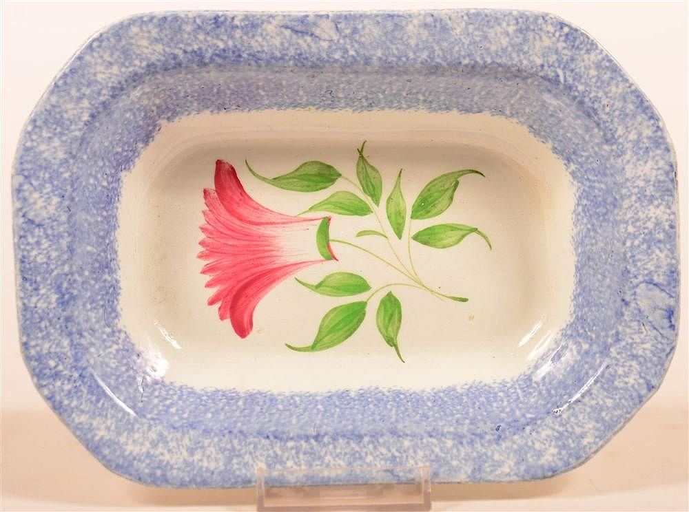 Appraisal: Blue Spatter Thistle Pattern Vegetable Dish Blue Spatter Thistle Pattern