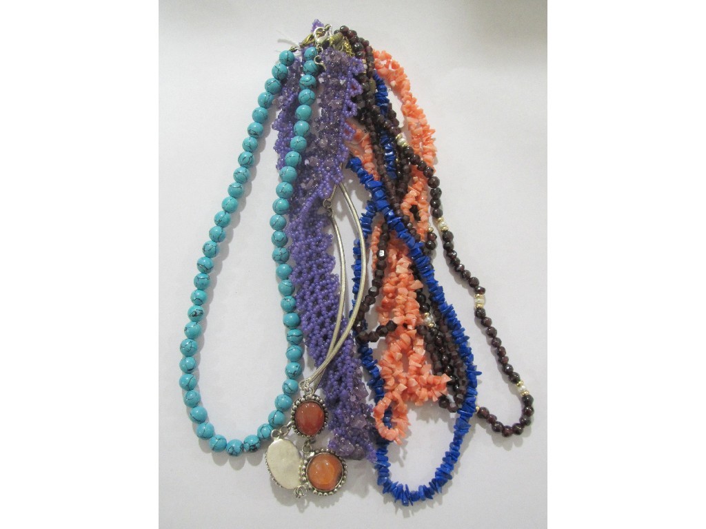 Appraisal: Seven semi precious necklaces to include turquoise amethyst garnet lapiz