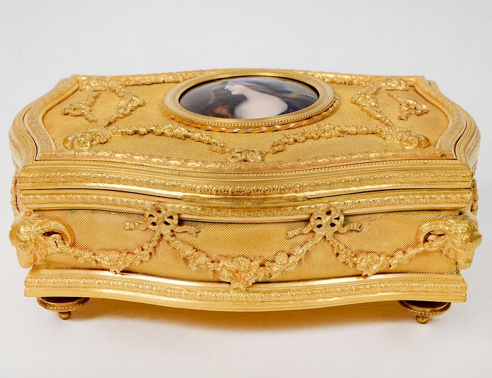 Appraisal: LOUIS XVI STYLE ENAMEL GILT BRONZE CASKET Circa The serpentine