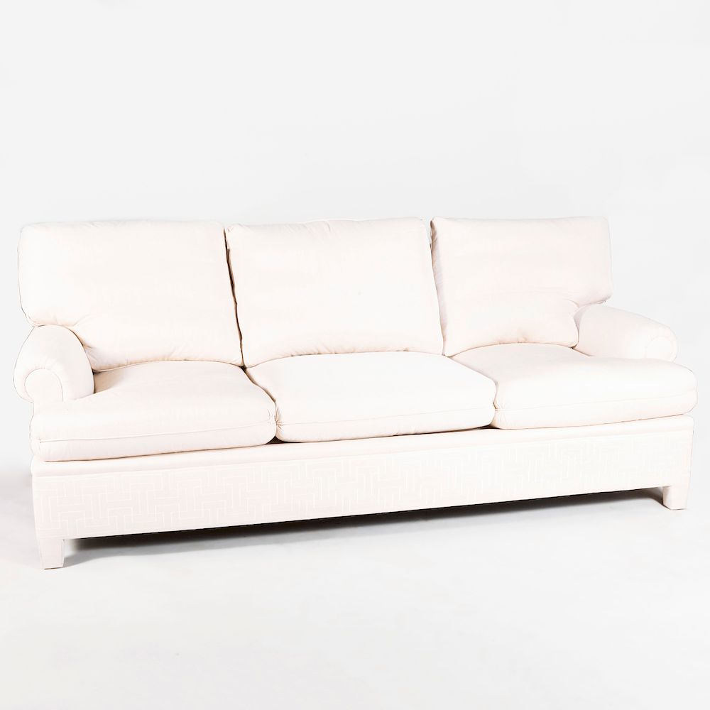 Appraisal: Modern Cream Linen Three Seat Sofa With an embroidered apron