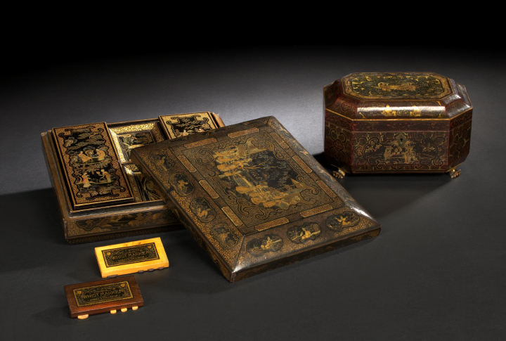 Appraisal: Chinese Export Elaborately Parcel-Gilt Black Lacquer Octagonal Tea Box in